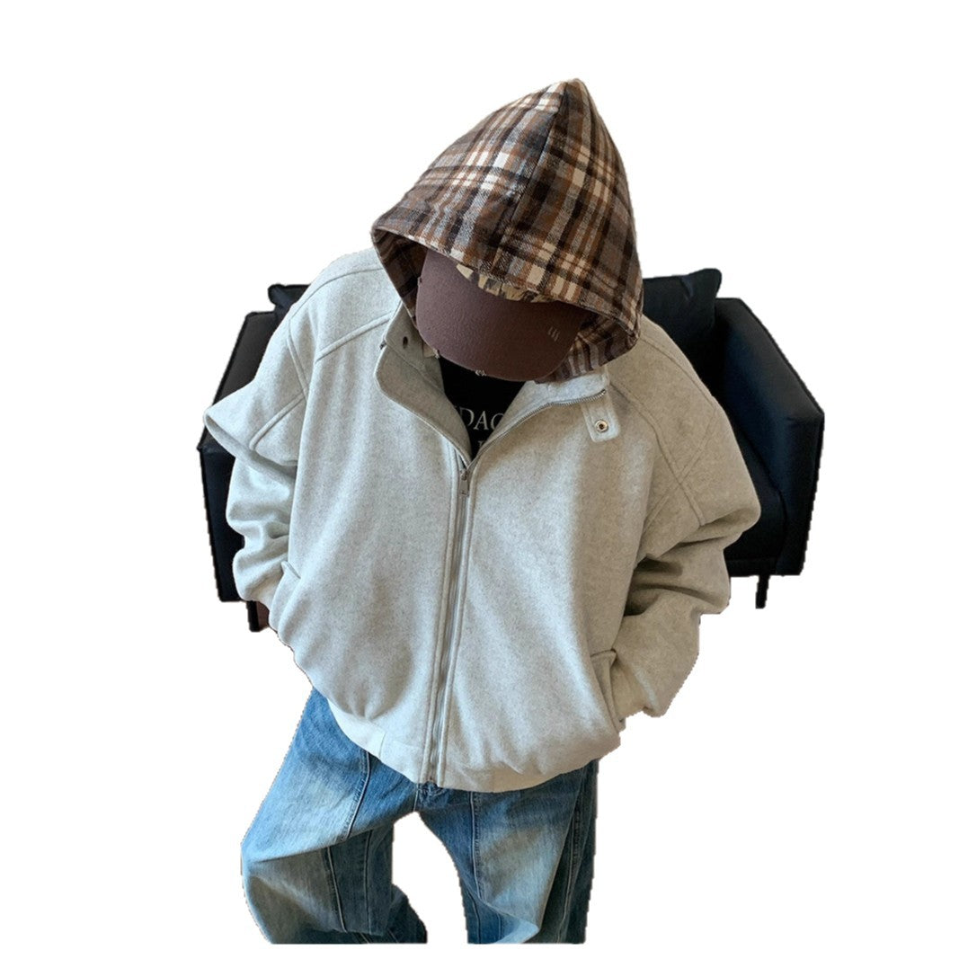 Plaid Faux Two-Piece Hooded Cotton Coat for Men and Women Winter Fashion Brand Padded Design Loose Casual Wool Blend Jacket