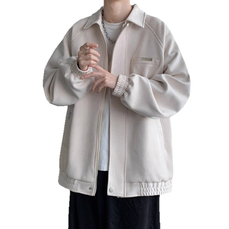 Faux Suede Jacket Men Fashionable Loose Casual Notch Lapel Coat for Youth