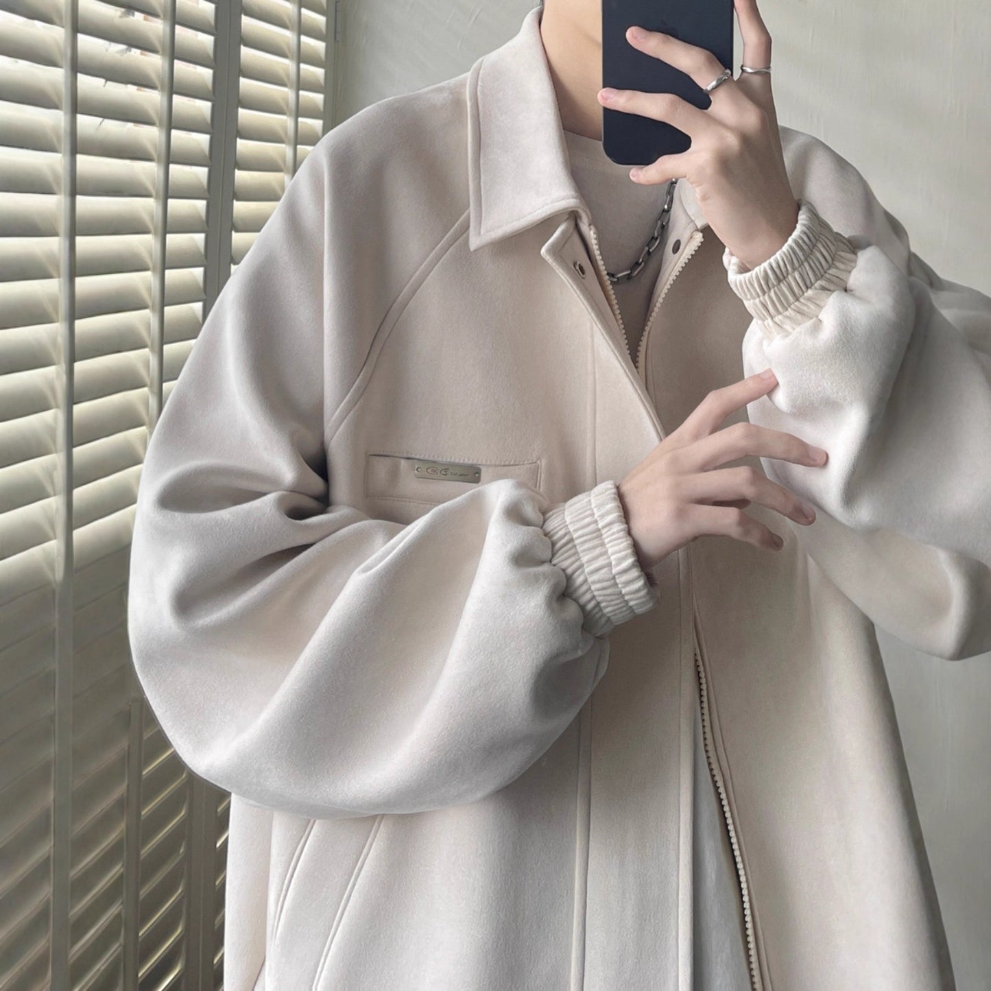 Faux Suede Jacket Men Fashionable Loose Casual Notch Lapel Coat for Youth