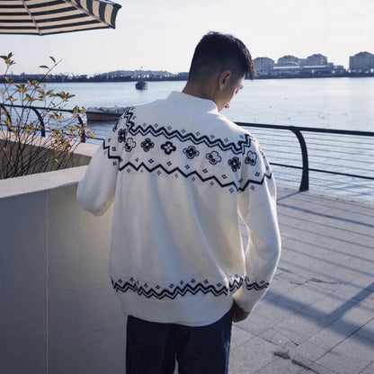 Fair Isle Floral Knit Cardigan for Men Winter Ethnic Style Cozy Soft Knitwear Clean Fit Sweater Jacket