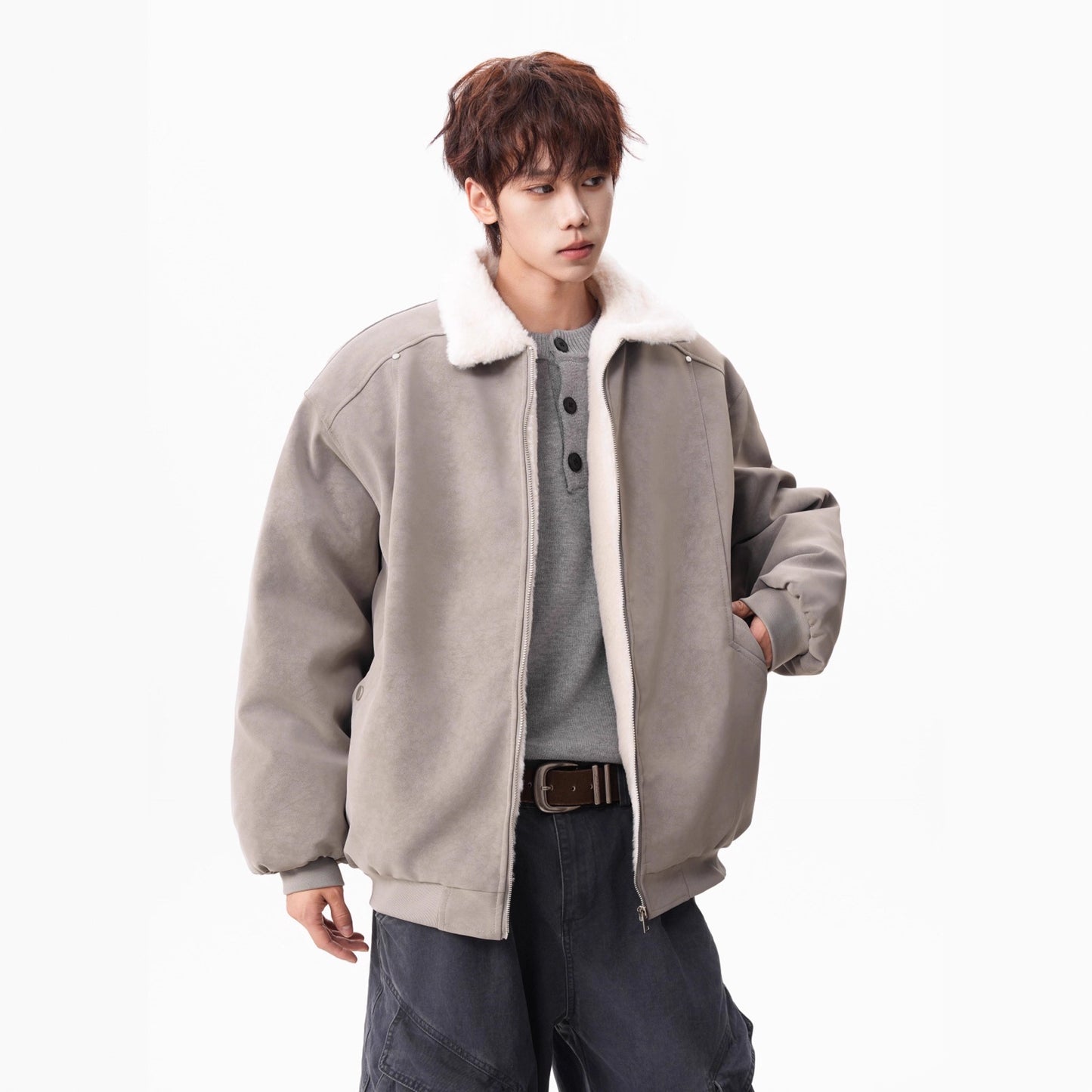 Lamb Velvet PU Leather Cotton Coat for Men Winter Barn Style Cool and Stylish Thick Warm PU Leather Work Jacket Outerwear