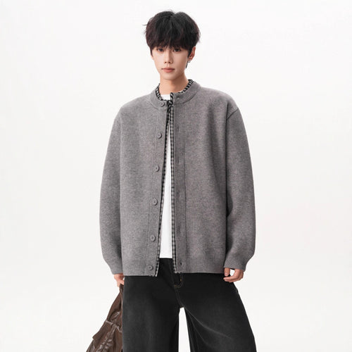 Faux Two-Piece Plaid Patchwork Knit Cardigan Coat for Men Fashionable Autumn/Winter Loose Vintage Casual Button-Up Sweater