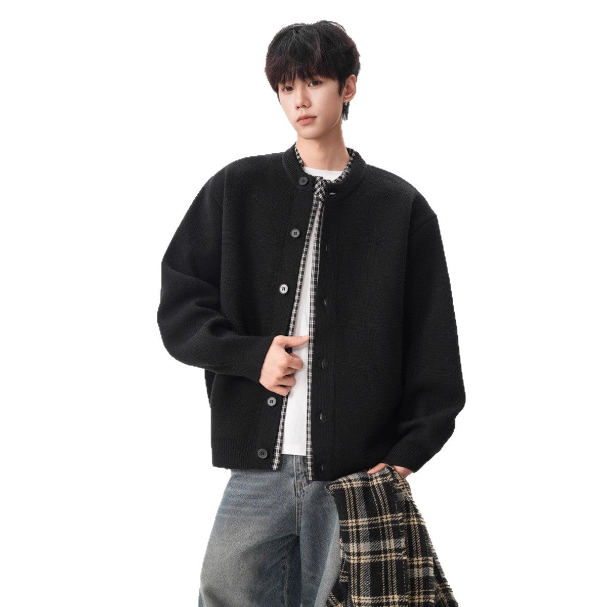 Faux Two-Piece Plaid Patchwork Knit Cardigan Coat for Men Fashionable Autumn/Winter Loose Vintage Casual Button-Up Sweater