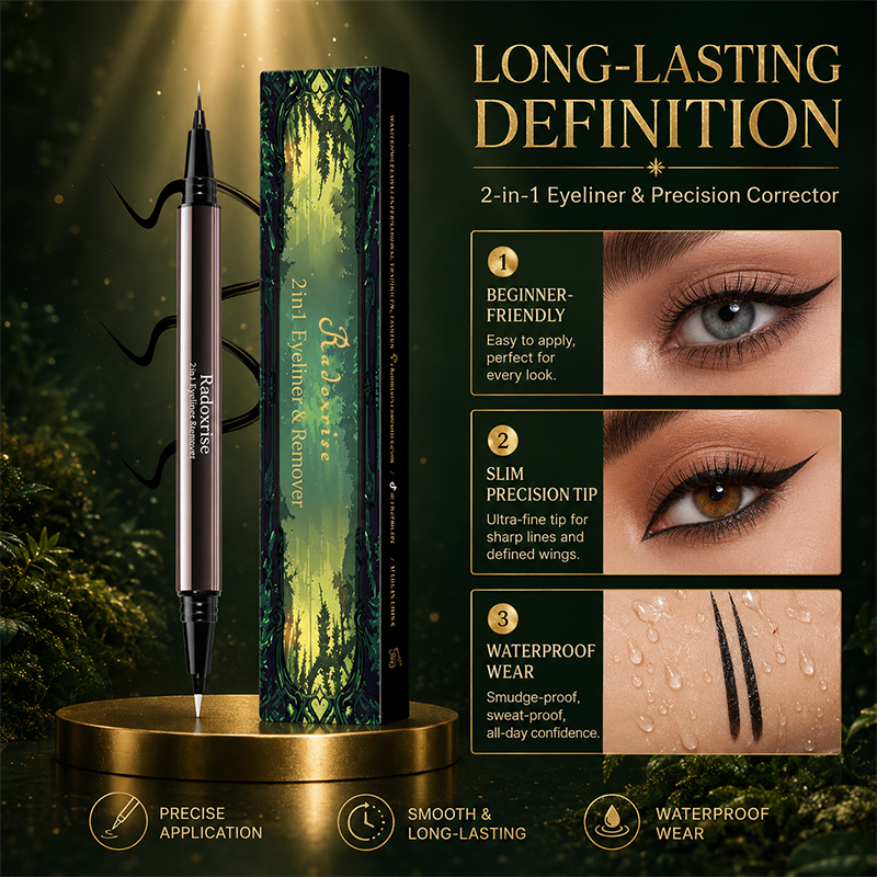 Radoxrise™  Long-lasting liquid eyeliner, 2-in-1 dual-ended design - lightweight and waterproof, vegan formula, no animal testing, smooth application for 24 hours, with a creamy and silky texture.