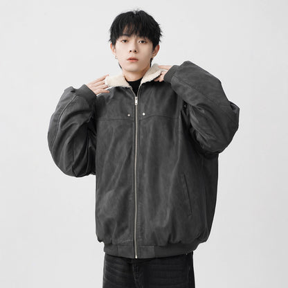 PU Leather Shearling Jacket Winter Thick Warm Notch Lapel Coat Style Warm Workwear Outerwear