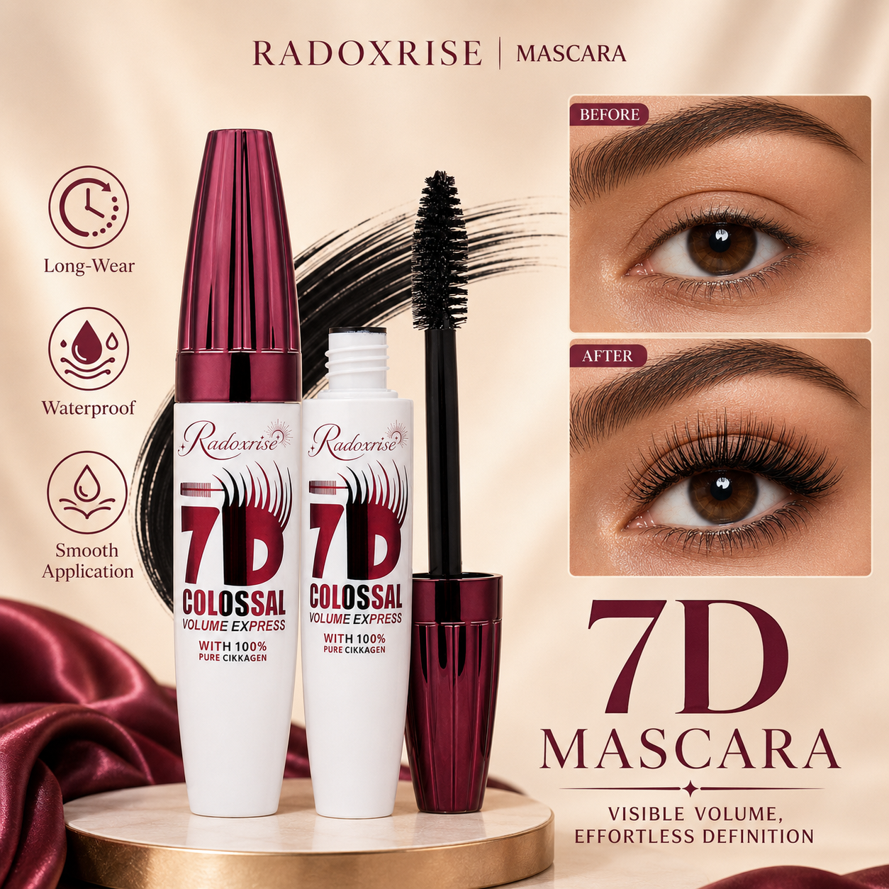Radoxrise™ 7D Waterproof Mascara - 24H Long Lasting Volume & Curl, Smudge-Proof Lift for Natural False Lash Look