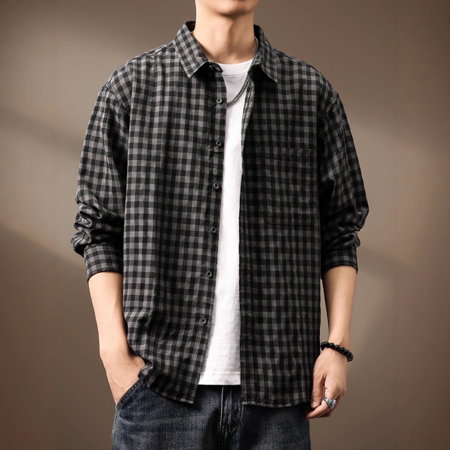 High-end Tencel Woven Plaid Shirt Men's Loose Casual Versatile Workwear Shirt Jacket