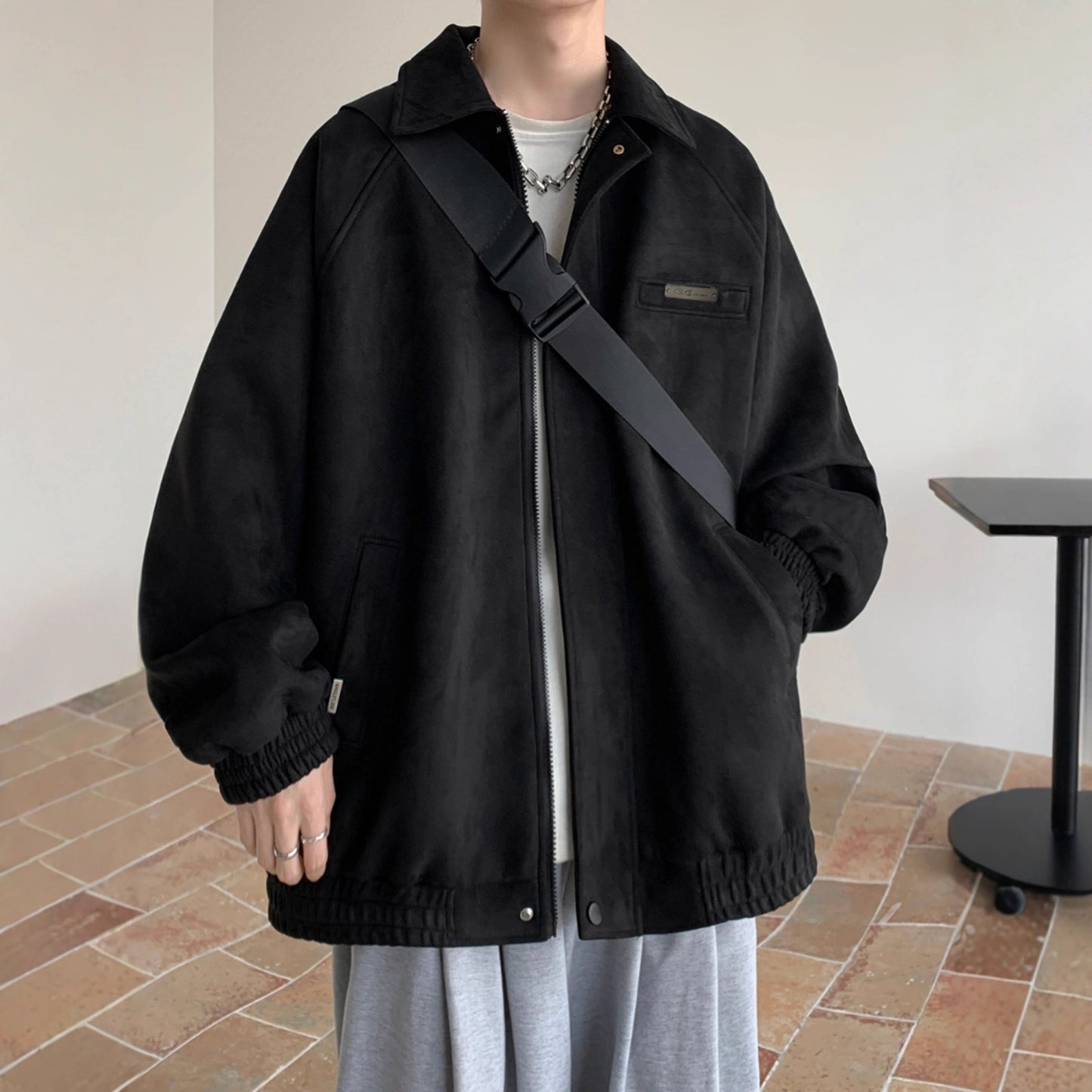 Faux Suede Jacket Men Fashionable Loose Casual Notch Lapel Coat for Youth