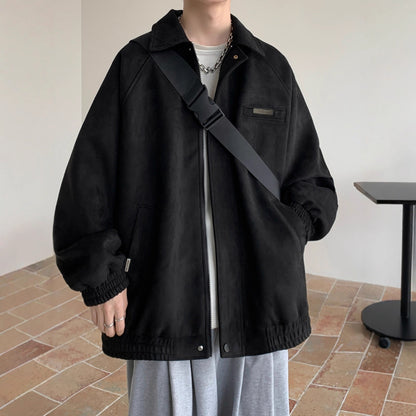 Faux Suede Jacket Men Fashionable Loose Casual Notch Lapel Coat for Youth