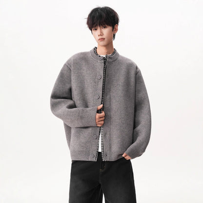 Faux Two-Piece Plaid Patchwork Knit Cardigan Coat for Men Fashionable Autumn/Winter Loose Vintage Casual Button-Up Sweater