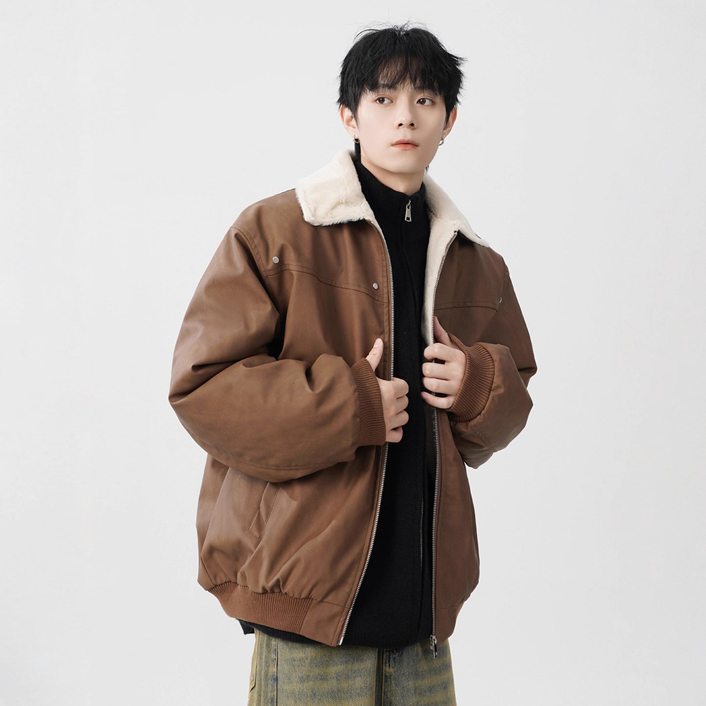 PU Leather Shearling Jacket Winter Thick Warm Notch Lapel Coat Style Warm Workwear Outerwear