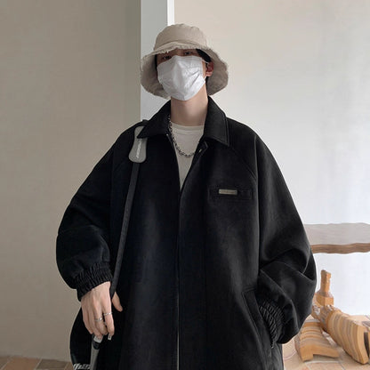 Faux Suede Jacket Men Fashionable Loose Casual Notch Lapel Coat for Youth