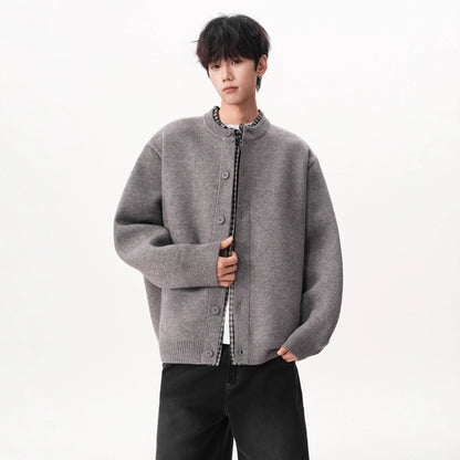 Faux Two-Piece Plaid Patchwork Knit Cardigan Coat for Men Fashionable Autumn/Winter Loose Vintage Casual Button-Up Sweater