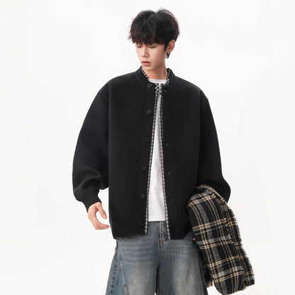 Faux Two-Piece Plaid Patchwork Knit Cardigan Coat for Men Fashionable Autumn/Winter Loose Vintage Casual Button-Up Sweater
