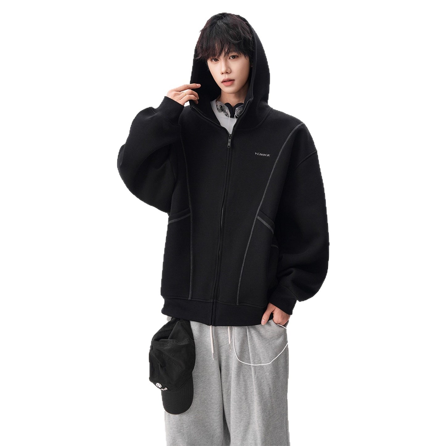 Style Solid Color Long Sleeve Zippered Hooded Oversized Sweatshirt Jacket for Men