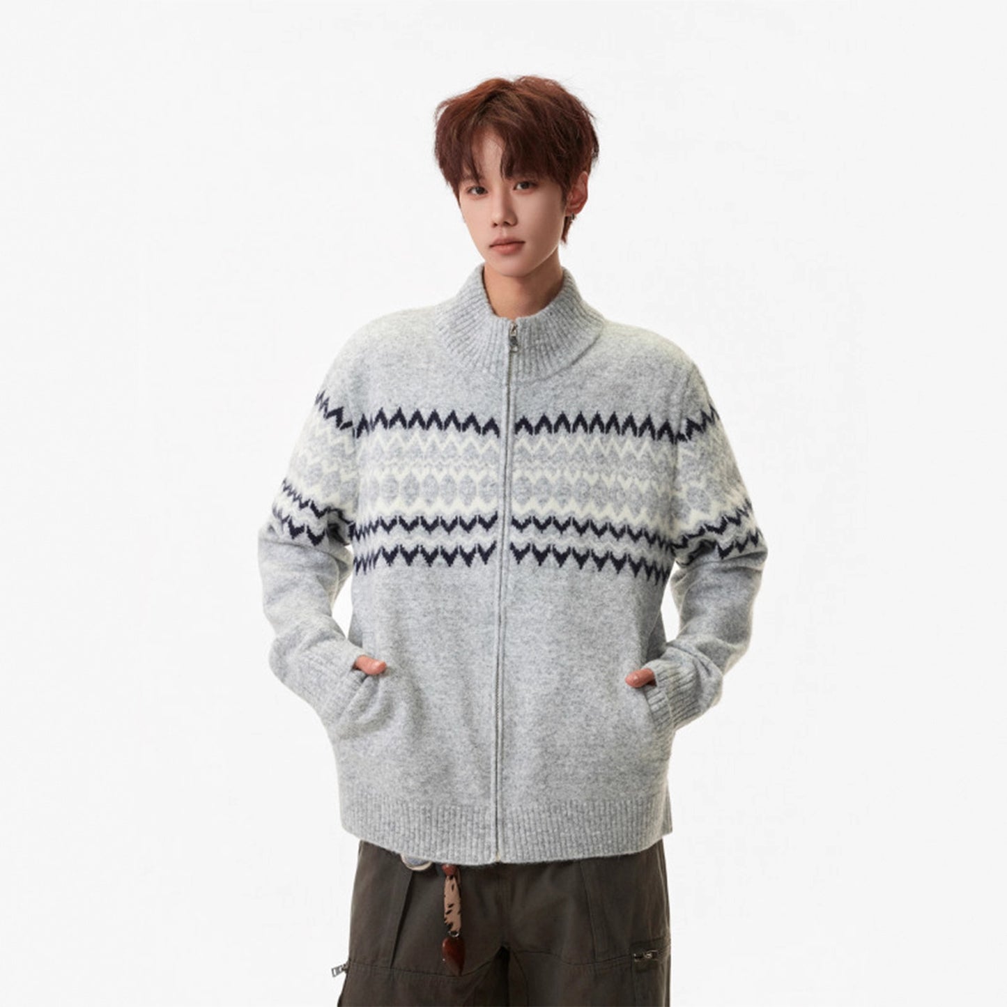 Festival Island Heavy Knit Sweater  Autumn and Winter Fashion Brand Loose Lazy Style Casual Zip-Up Cardigan for Couples