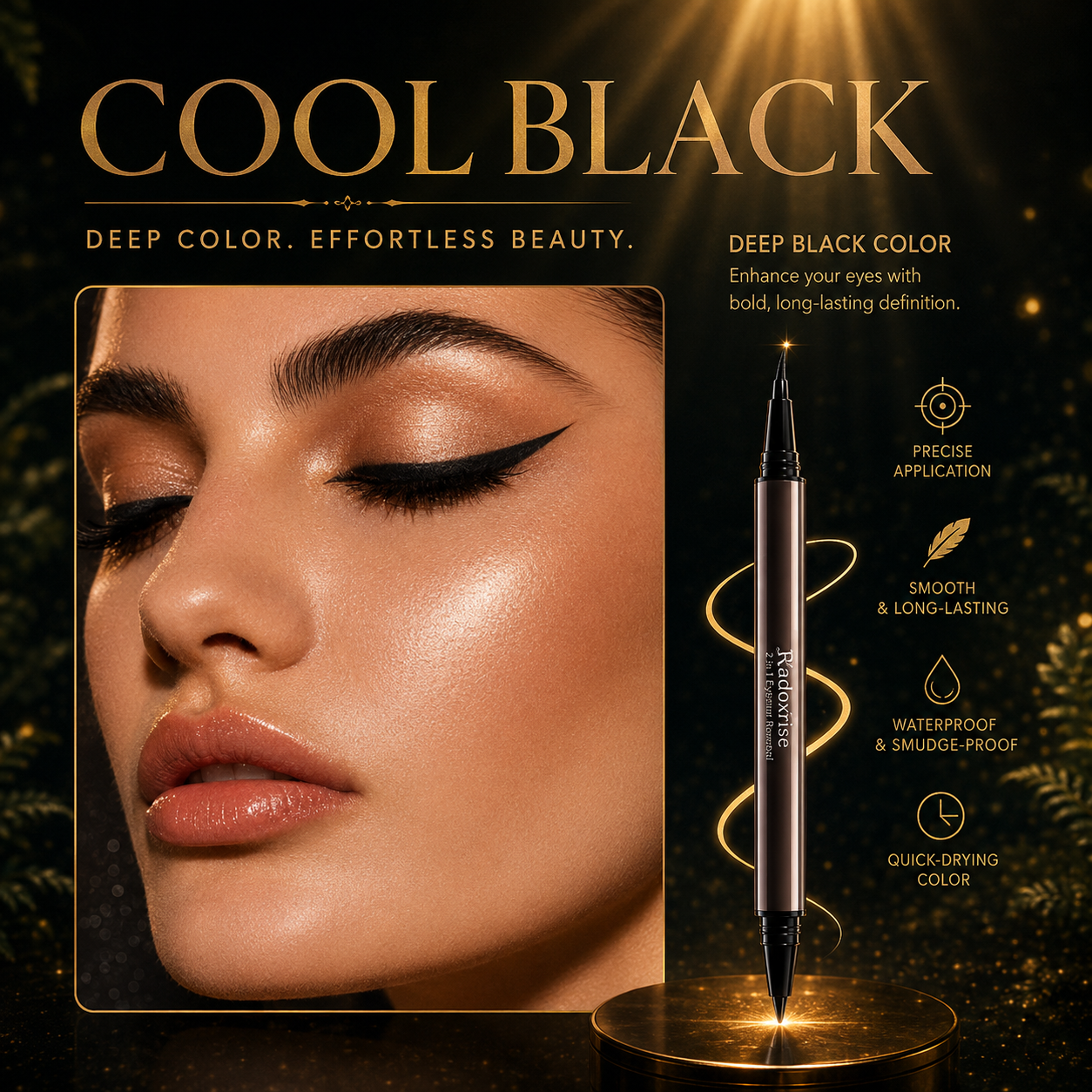 Radoxrise™  Long-lasting liquid eyeliner, 2-in-1 dual-ended design - lightweight and waterproof, vegan formula, no animal testing, smooth application for 24 hours, with a creamy and silky texture.
