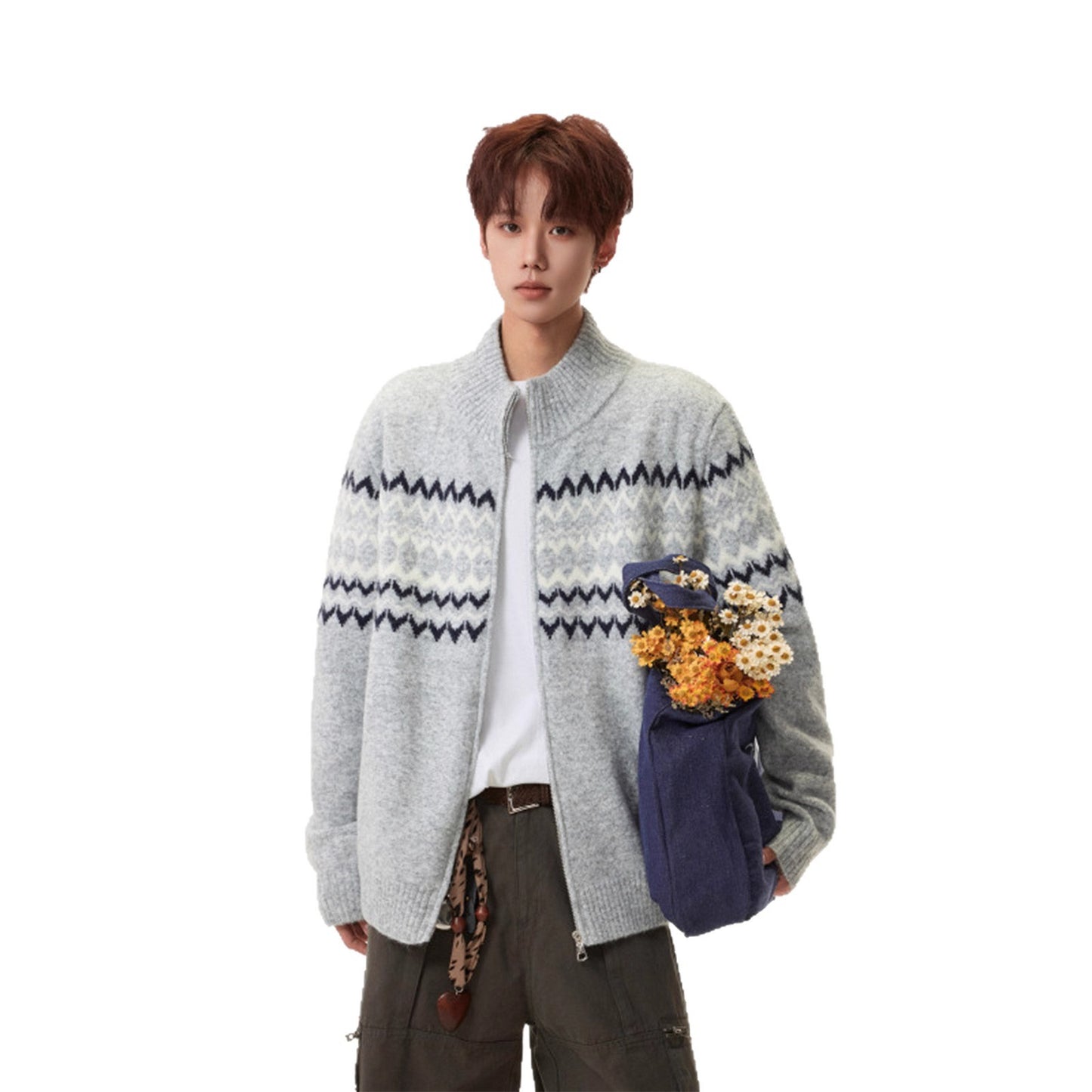 Festival Island Heavy Knit Sweater  Autumn and Winter Fashion Brand Loose Lazy Style Casual Zip-Up Cardigan for Couples