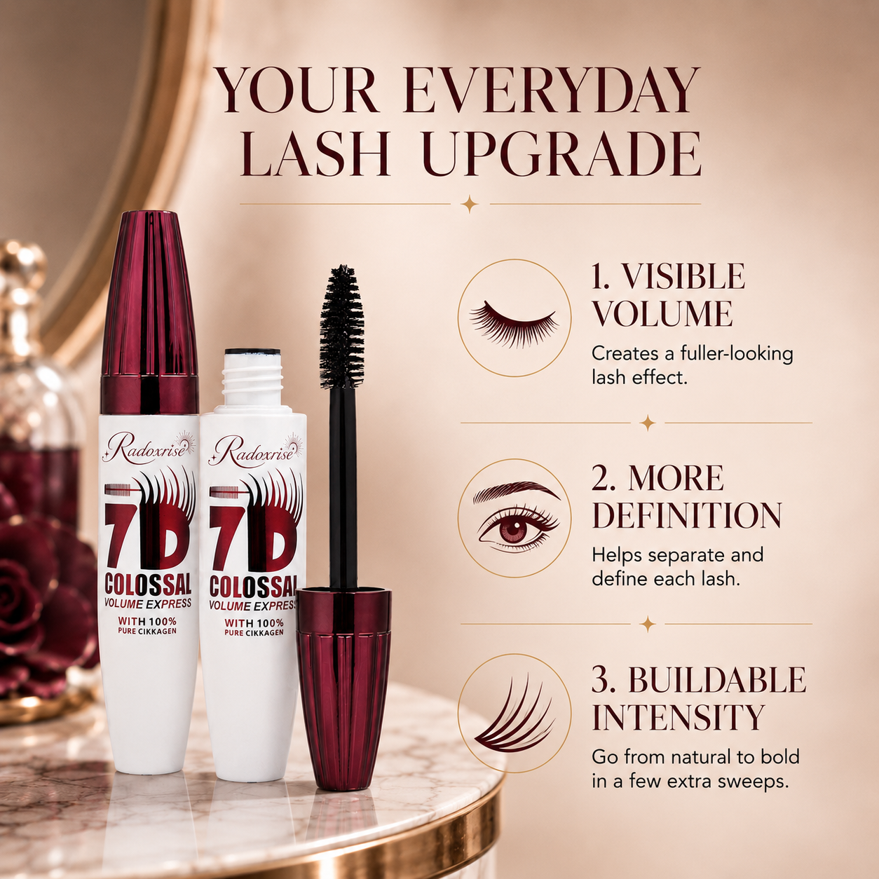 Radoxrise™ 7D Waterproof Mascara - 24H Long Lasting Volume & Curl, Smudge-Proof Lift for Natural False Lash Look