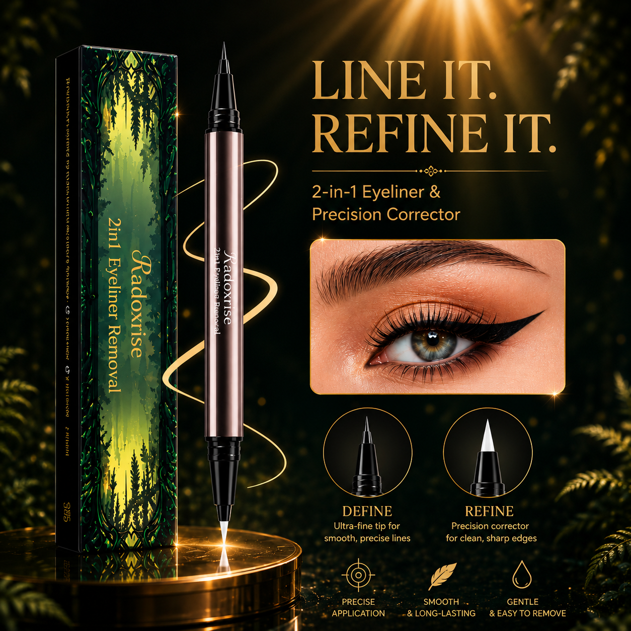Radoxrise™  Long-lasting liquid eyeliner, 2-in-1 dual-ended design - lightweight and waterproof, vegan formula, no animal testing, smooth application for 24 hours, with a creamy and silky texture.