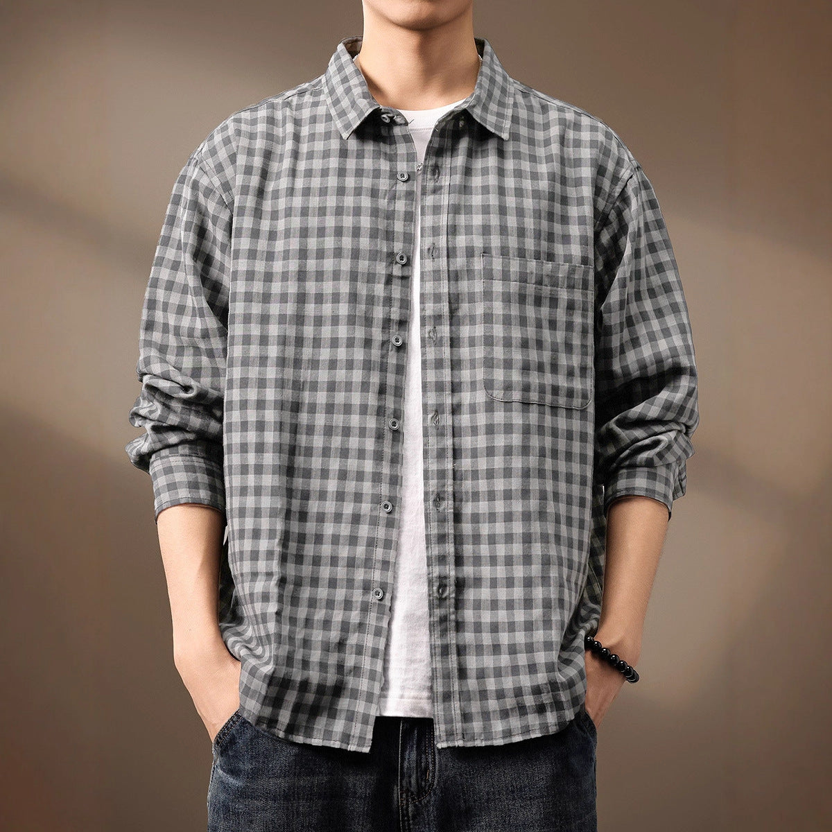High-end Tencel Woven Plaid Shirt Men's Loose Casual Versatile Workwear Shirt Jacket