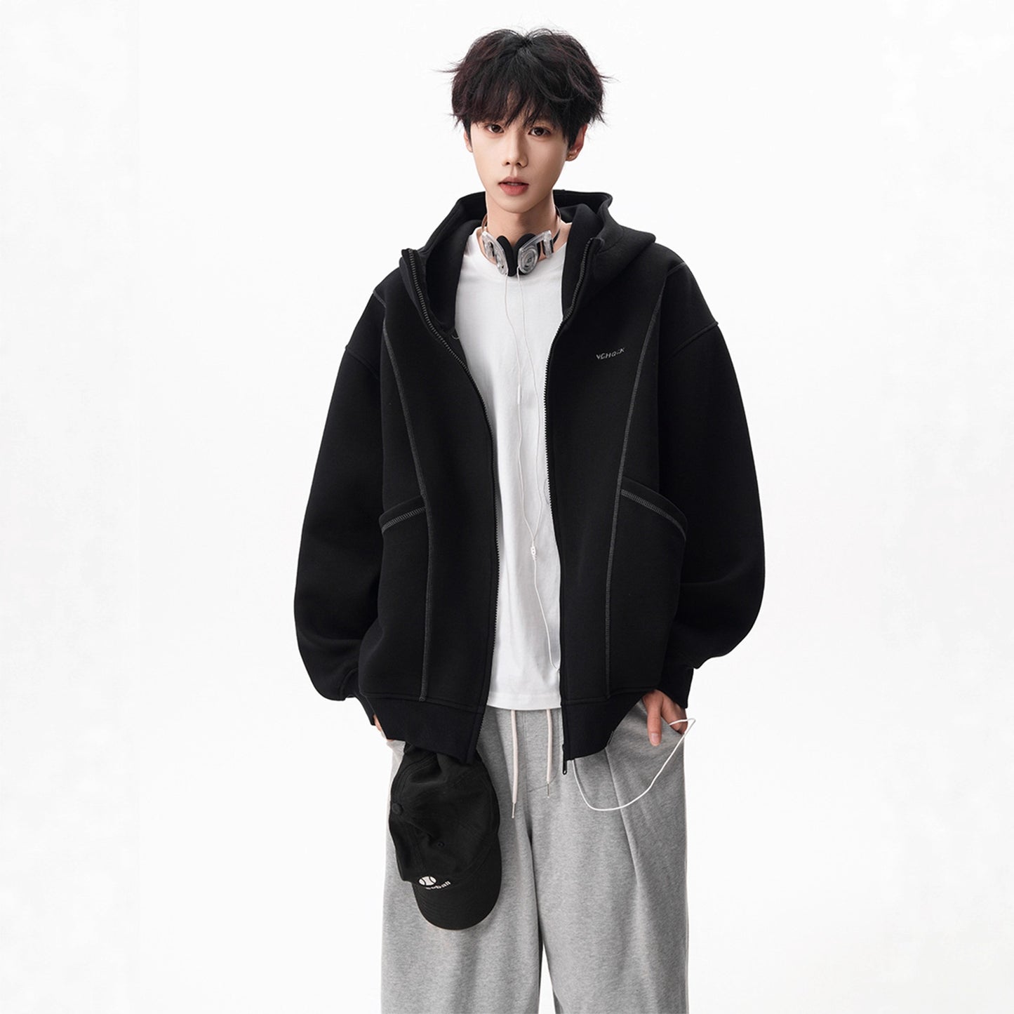 Style Solid Color Long Sleeve Zippered Hooded Oversized Sweatshirt Jacket for Men