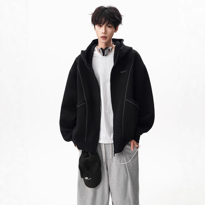 Style Solid Color Long Sleeve Zippered Hooded Oversized Sweatshirt Jacket for Men