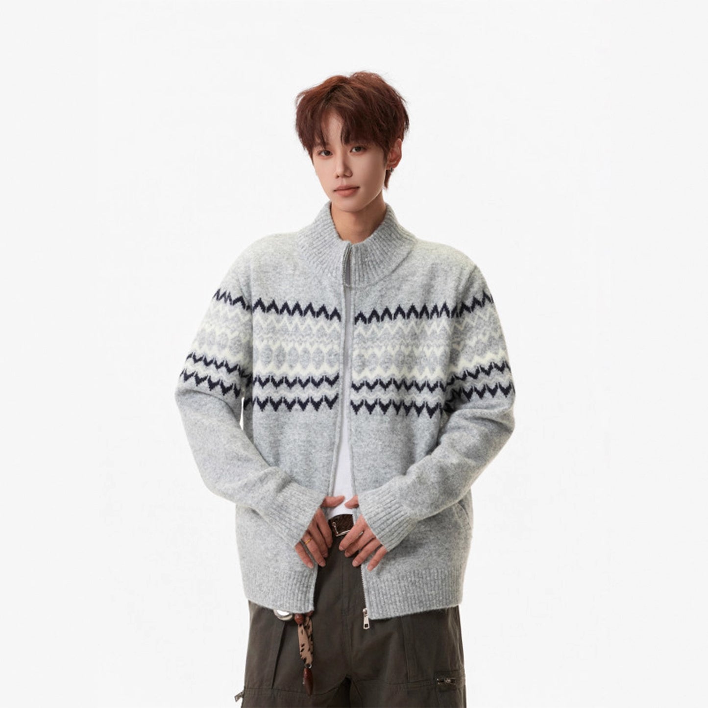 Festival Island Heavy Knit Sweater  Autumn and Winter Fashion Brand Loose Lazy Style Casual Zip-Up Cardigan for Couples