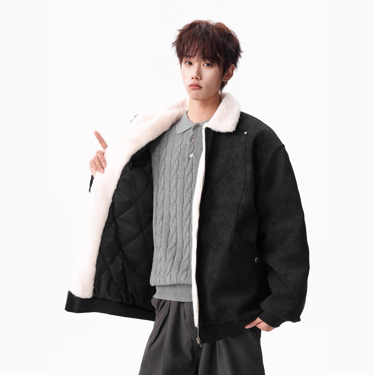 Lamb Velvet PU Leather Cotton Coat for Men Winter Barn Style Cool and Stylish Thick Warm PU Leather Work Jacket Outerwear