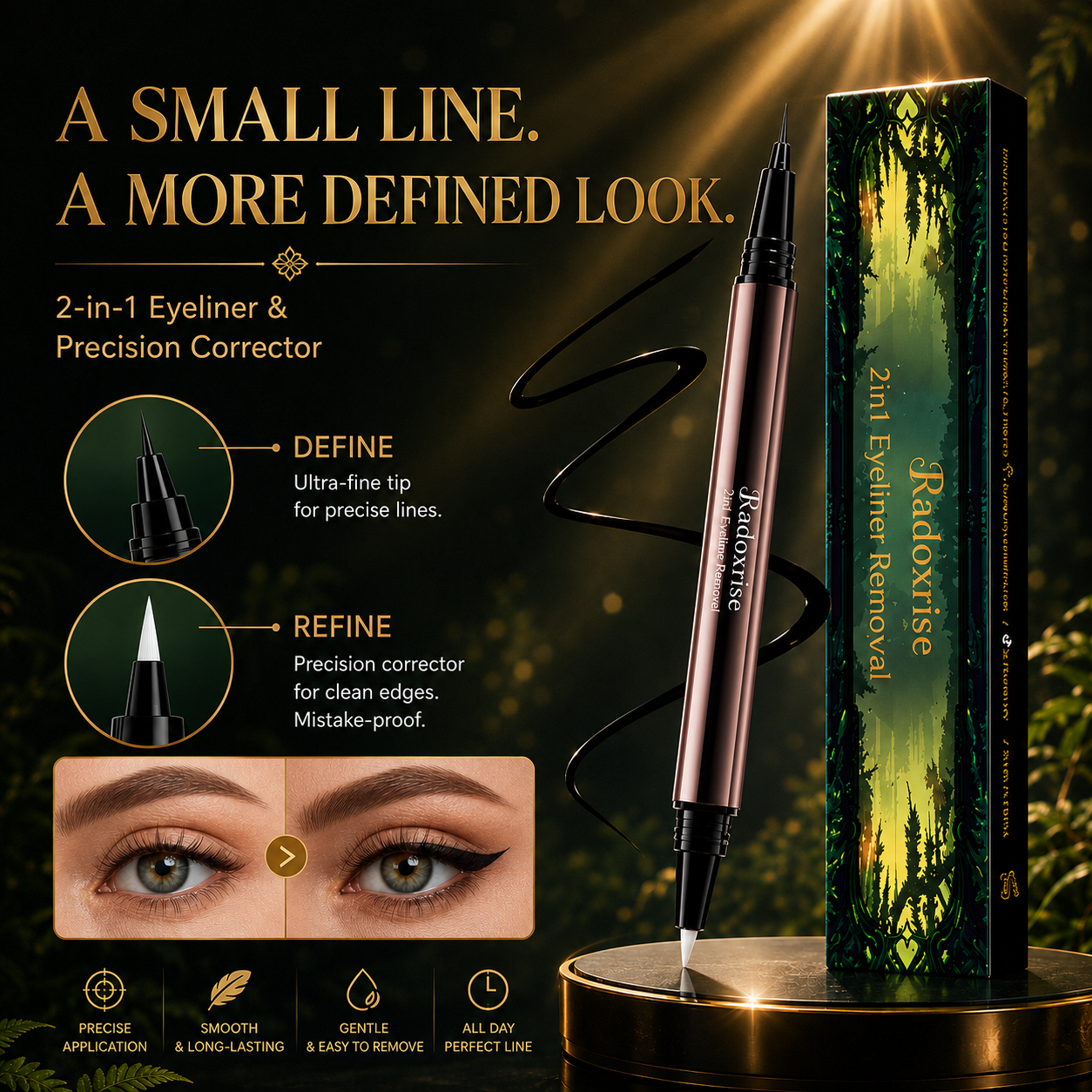 Radoxrise™  Long-lasting liquid eyeliner, 2-in-1 dual-ended design - lightweight and waterproof, vegan formula, no animal testing, smooth application for 24 hours, with a creamy and silky texture.