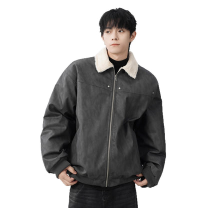 PU Leather Shearling Jacket Winter Thick Warm Notch Lapel Coat Style Warm Workwear Outerwear