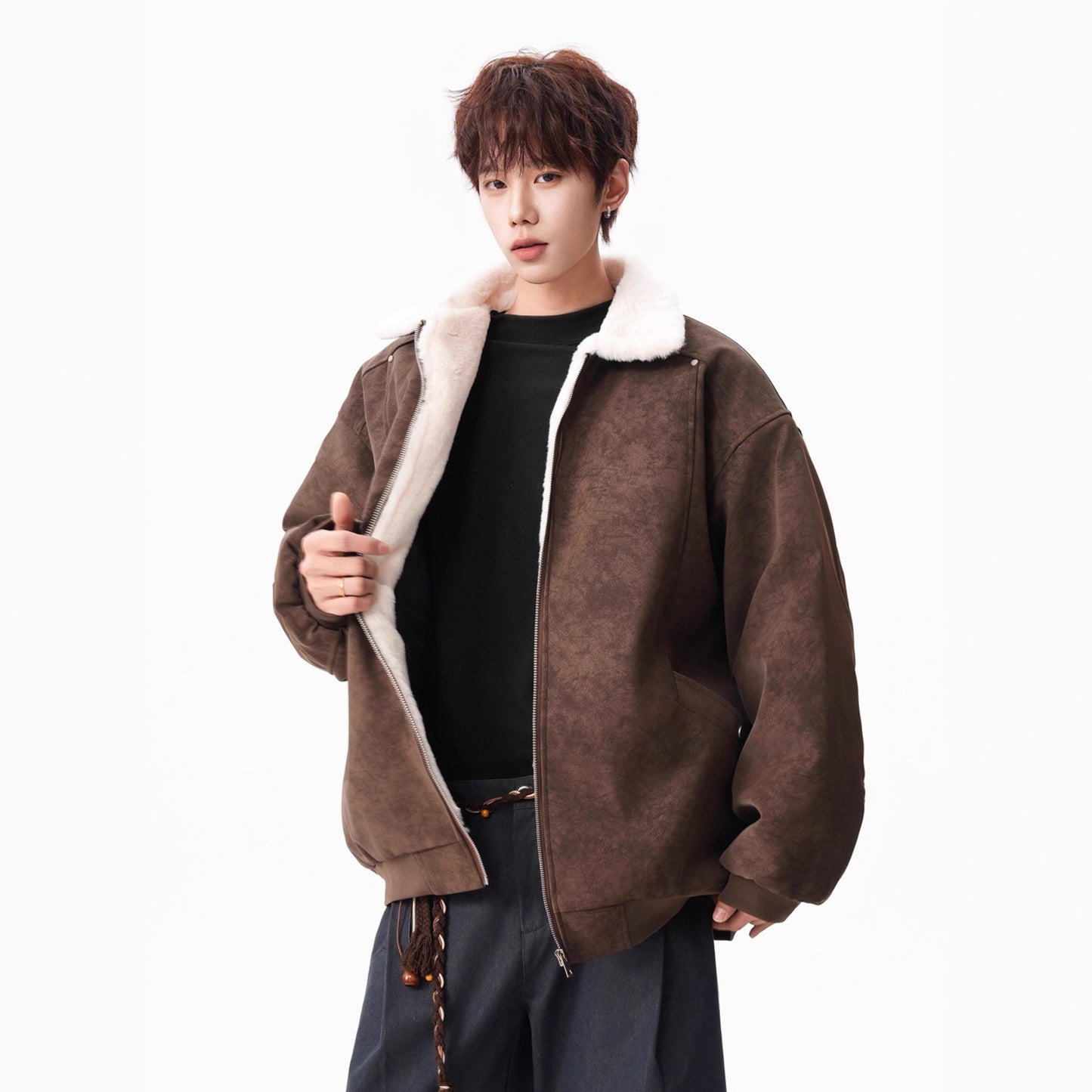 Lamb Velvet PU Leather Cotton Coat for Men Winter Barn Style Cool and Stylish Thick Warm PU Leather Work Jacket Outerwear
