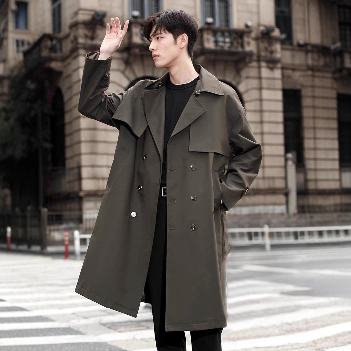 Windbreaker Men's Mid-Length Knee-Length Autumn Winter Outerwear Double-Breasted Cthulhu Officer Coat Fashion