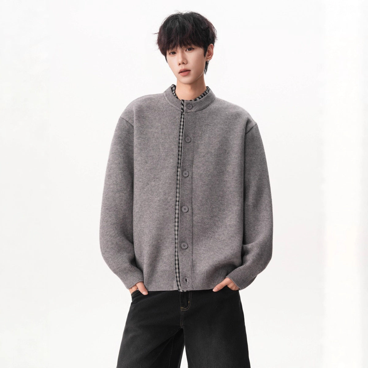 Faux Two-Piece Plaid Patchwork Knit Cardigan Coat for Men Fashionable Autumn/Winter Loose Vintage Casual Button-Up Sweater