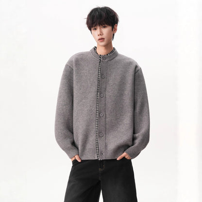 Faux Two-Piece Plaid Patchwork Knit Cardigan Coat for Men Fashionable Autumn/Winter Loose Vintage Casual Button-Up Sweater