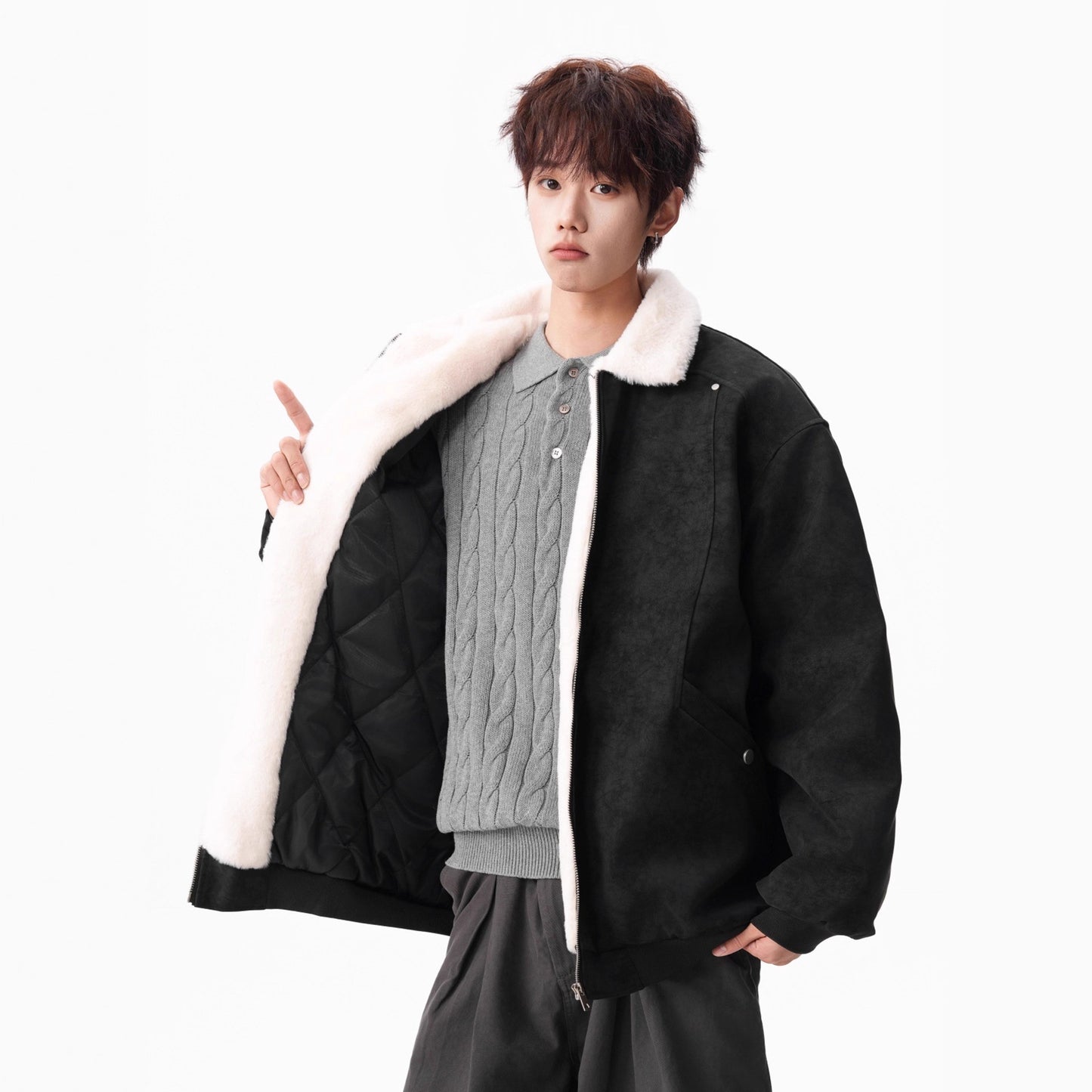 Lamb Velvet PU Leather Cotton Coat for Men Winter Barn Style Cool and Stylish Thick Warm PU Leather Work Jacket Outerwear