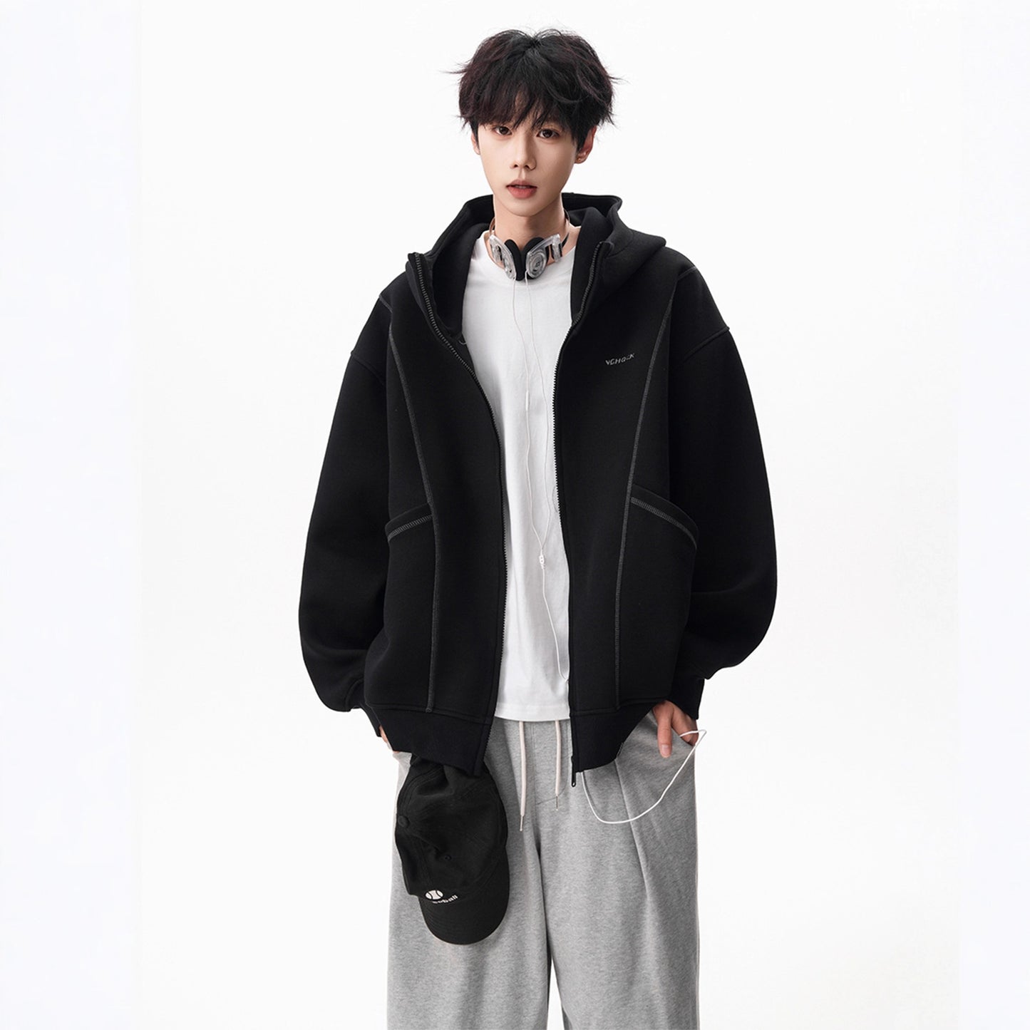 Style Solid Color Long Sleeve Zippered Hooded Oversized Sweatshirt Jacket for Men