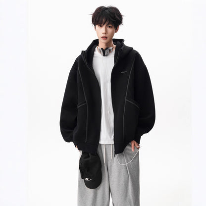Style Solid Color Long Sleeve Zippered Hooded Oversized Sweatshirt Jacket for Men
