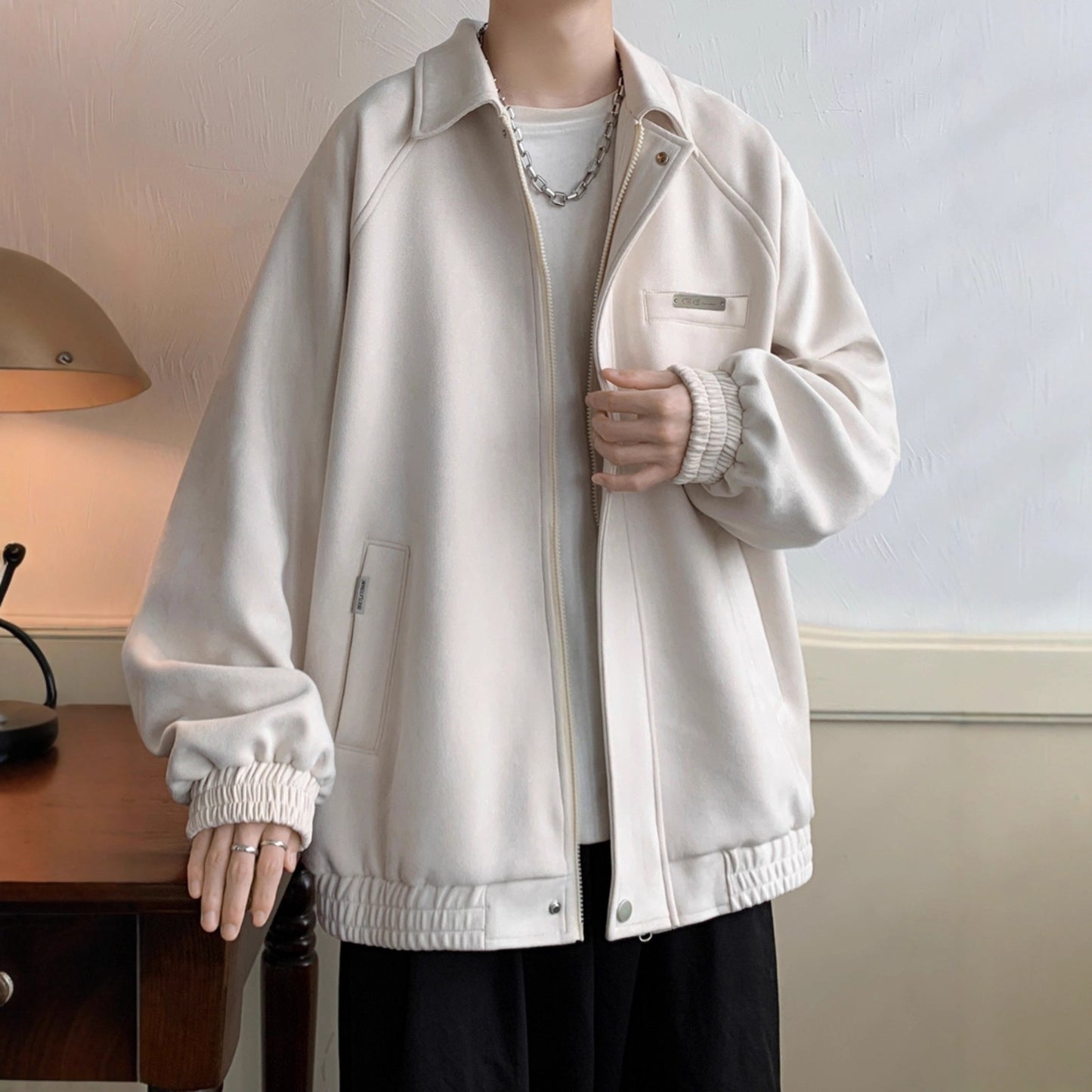 Faux Suede Jacket Men Fashionable Loose Casual Notch Lapel Coat for Youth