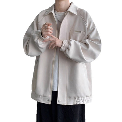 Faux Suede Jacket Men Fashionable Loose Casual Notch Lapel Coat for Youth