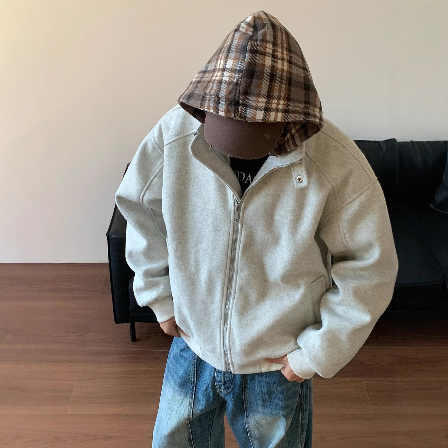 Plaid Faux Two-Piece Hooded Cotton Coat for Men and Women Winter Fashion Brand Padded Design Loose Casual Wool Blend Jacket