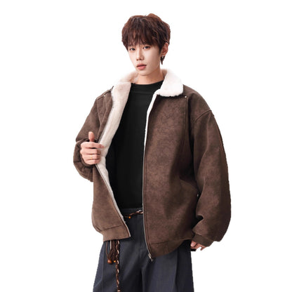 Lamb Velvet PU Leather Cotton Coat for Men Winter Barn Style Cool and Stylish Thick Warm PU Leather Work Jacket Outerwear