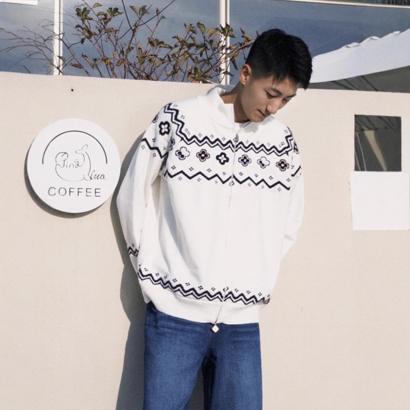 Fair Isle Floral Knit Cardigan for Men Winter Ethnic Style Cozy Soft Knitwear Clean Fit Sweater Jacket