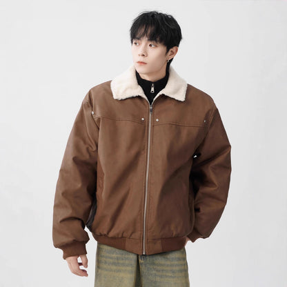 PU Leather Shearling Jacket Winter Thick Warm Notch Lapel Coat Style Warm Workwear Outerwear